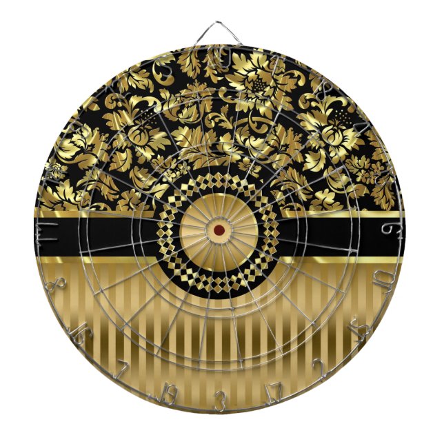 Black & Metallic Gold Floral Damasks & Stripes Dartboard (Front)