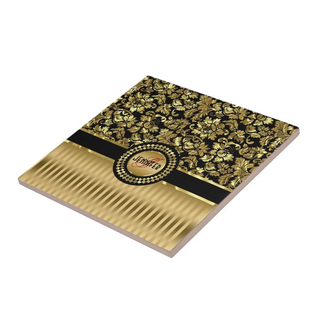 Black & Metallic Gold Floral Damasks & Stripes Tile (Side)