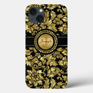 Black & Metallic Gold Vintage Damasks Monogram iPhone 13 Case