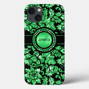Black & Metallic Green Damask iPhone 13 Case