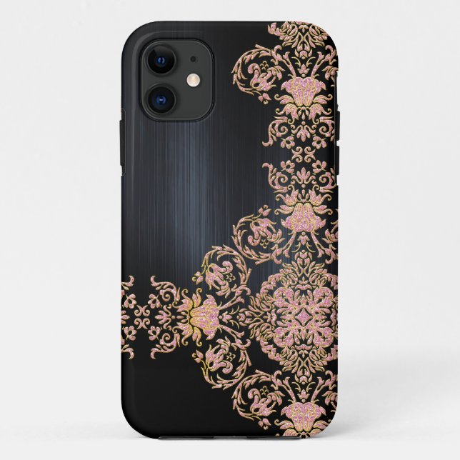 Black Metallic Pink Glitter  Damask Case-Mate iPhone Case (Back)