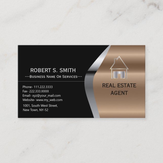 Black Metallic Real Estate agent  Business Card (Front)