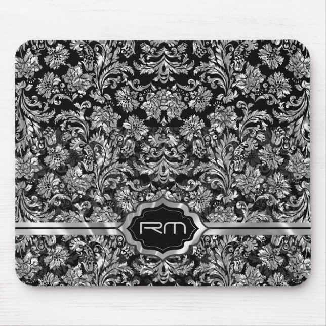 Black & Metallic Silver Floral Damasks  Monogramed Mouse Pad (Front)
