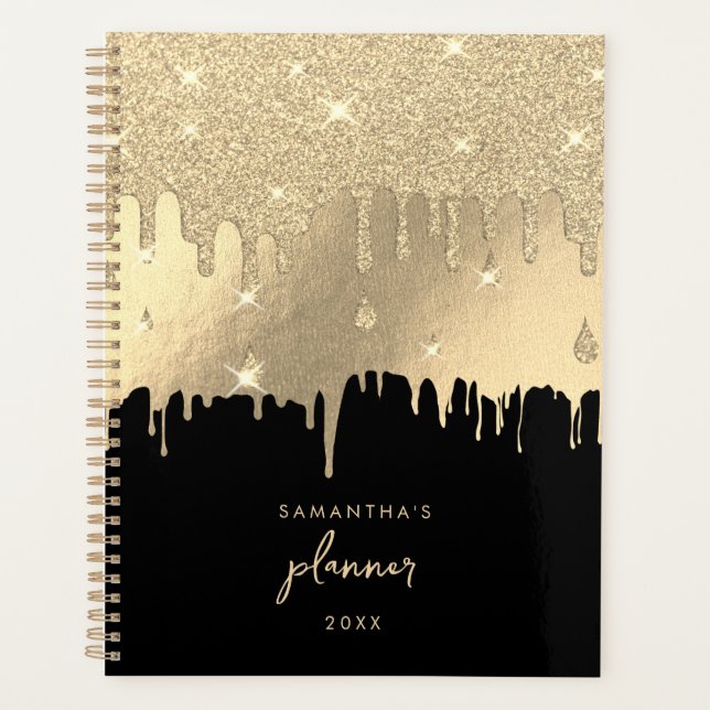 Black & Metallic Silver Foil Glitter Drips Script  Planner (Front)