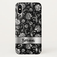 Black & Metallic Silver Grey Damask Pattern