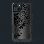 Black Metallic Texture & Black Swirly Lace<br><div class="desc">Elegant dark grey/black metallic texture print background with black floral swirly lace accent.
There is a black circle under the logo and can be used as Monogram background for other case models.</div>