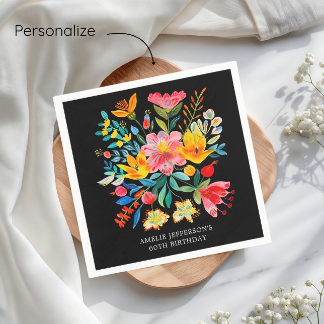 Black Mexican Bright Floral Fiesta Birthday Napkin (Creator Uploaded)