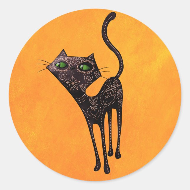 Black Mexican Day of The Dead Cat Classic Round Sticker (Front)