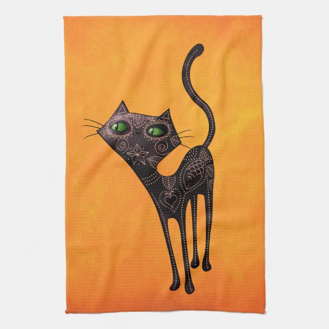 Black Mexican Day of The Dead Cat Kitchen Towel (Vertical)