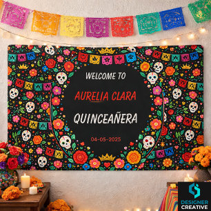 Black Mexican Fiesta Floral Gold Tiara Quinceañera Banner