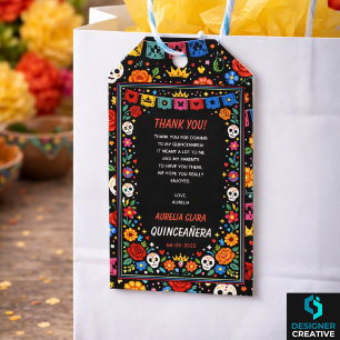 Black Mexican Fiesta Floral Gold Tiara Quinceañera Gift Tags