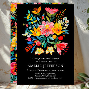 Black Mexican Fiesta Floral Theme Birthday Invitation