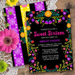Black Mexican Fiesta Folk Art Floral Sweet Sixteen Invitation<br><div class="desc">Floral Sweet Sixteen Invitation for your daughter's 16th Birthday celebration. This pretty theme features bright and colourful Mexican folk art flowers in red, pink, purple and yellow on a black background. The back of the card has Mexican fiesta, floral papel picado in bright purple, yellow and pink. The template is...</div>