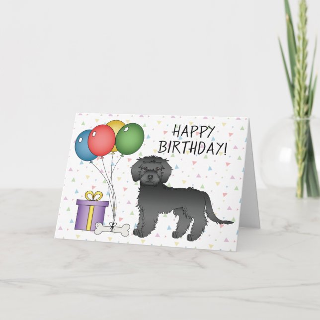 Black Mini Goldendoodle Cartoon Dog Happy Birthday Card (Front)