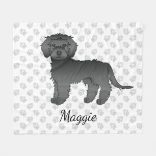 Black Mini Goldendoodle Cartoon Dog & Name Fleece Blanket