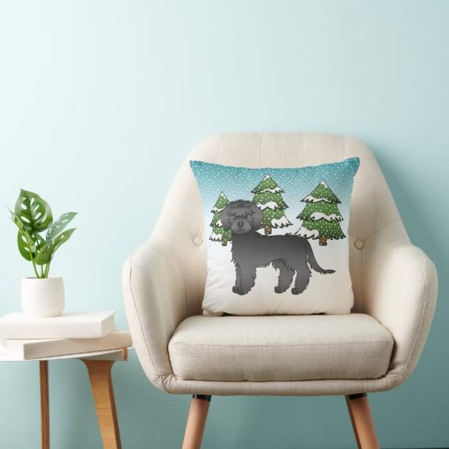 Black Mini Goldendoodle Dog In A Winter Forest Throw Pillow (Chair)