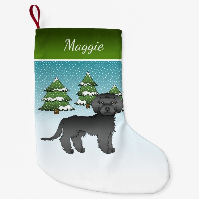 Black Mini Goldendoodle - Winter Forest & Name Small Christmas Stocking (Front)