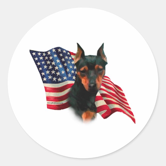 Black Miniature Pinscher American Flag; Min Pin Classic Round Sticker (Front)