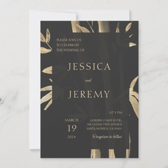 Black Minimal Bamboo Japanese Asian Wedding Invitation (Front)