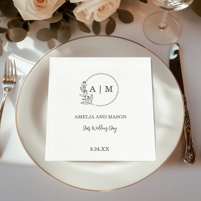Black Minimal Floral Monogram Wedding Napkin (Black and White Wedding Napkin with Elegant  Floral Monogram)