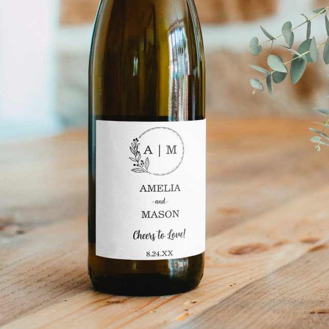 Black Minimal Floral Monogram Wedding Wine Label (Black Minimal Floral Monogram Wedding Wine Label)