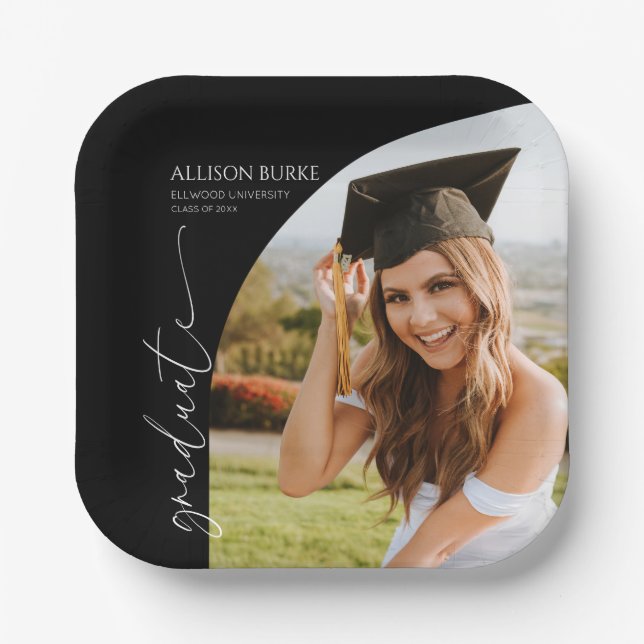 Black Minimal Minimalist Photo Arch Graduation Paper Plate (Front)