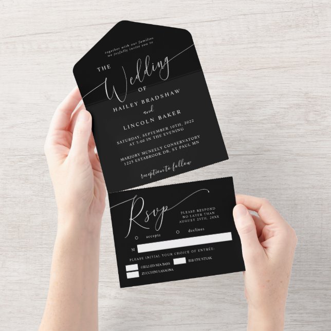 Black Minimal Wedding Elegant Script  All In One Invitation (Tearaway)
