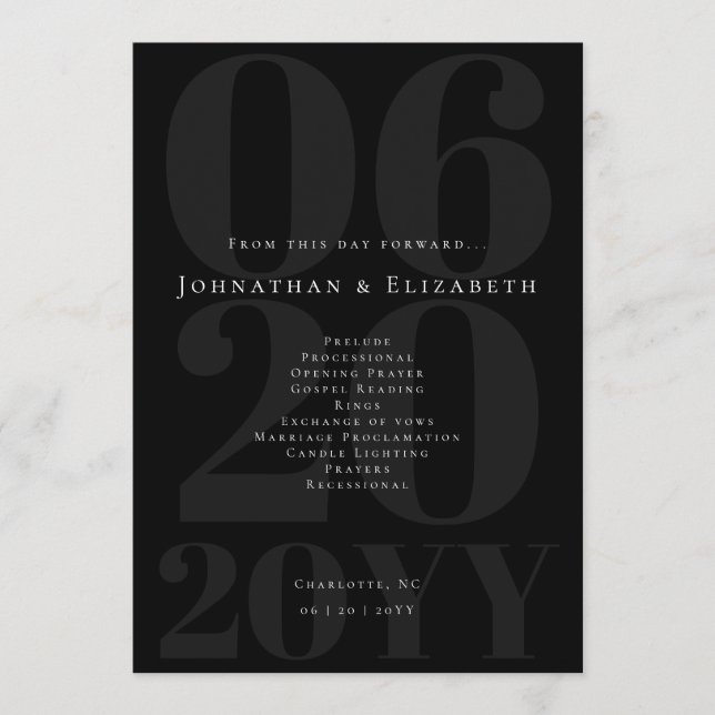 Black Minimalist Bold Type Photo Wedding Program (Front)