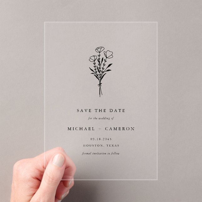 Black Minimalist Botanical Save the Date Acrylic Invitations (Insitu (Handheld))