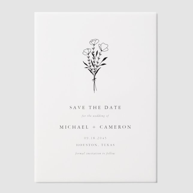 Black Minimalist Botanical Save the Date Vellum Invitations (Front)