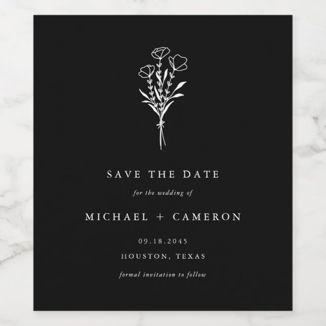 Black Minimalist Botanical Save the Date Wine Label (Single Label)