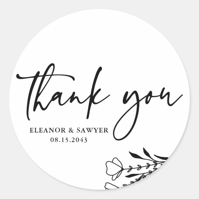 Black Minimalist Bouquet Wedding Thank You Classic Round Sticker (Front)