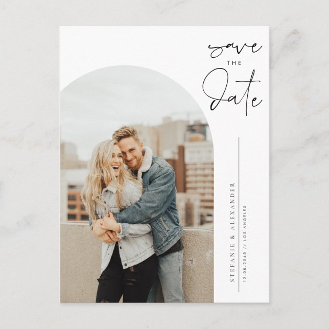 Black Minimalist Calligraphy Photo Save the Date Postcard (Front)