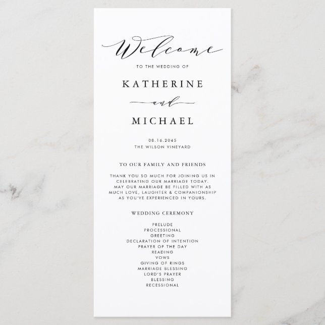 Black Minimalist Dainty Script Wedding Ceremony Program (Front)
