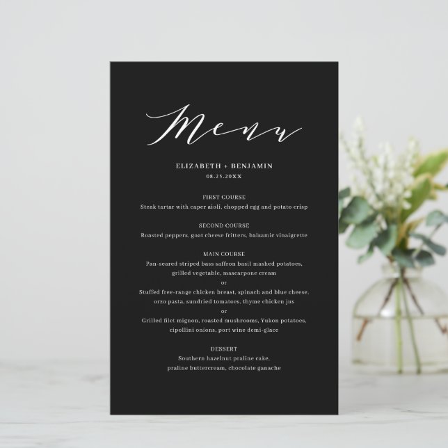 Black Minimalist Dainty Script Wedding Menu Card (Standing Front)