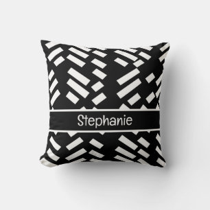 Black Minimalist Diagonal Stripe Pattern With Name Throw Pillow