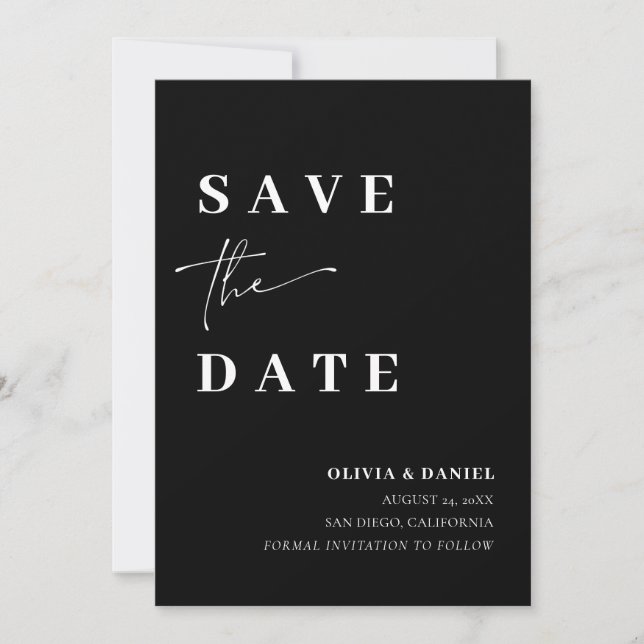 Black Minimalist Elegant Photo Save the Date Card (Front)