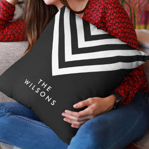 Black Minimalist Family Name White Chevron Throw Pillow