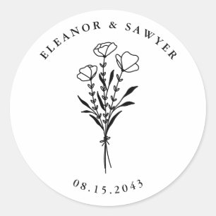 Black Minimalist Floral Bouquet Wedding Classic Round Sticker