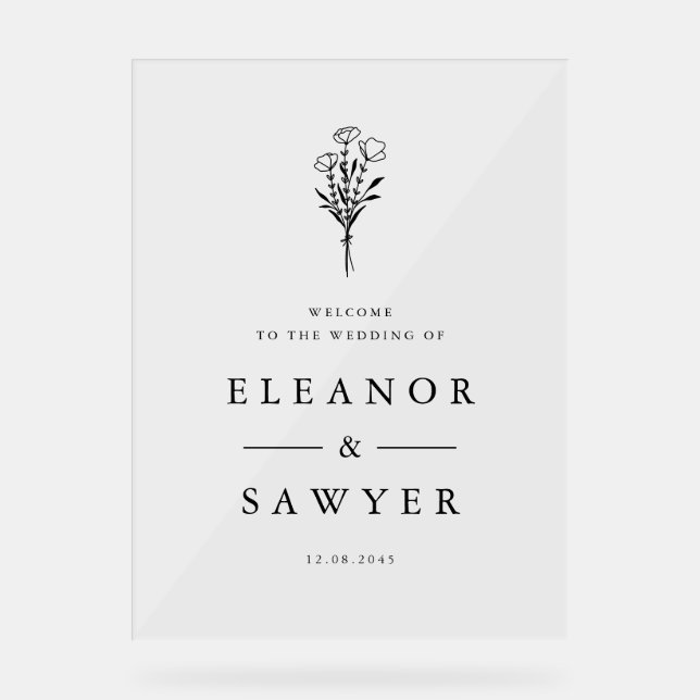 Black Minimalist Floral Bouquet Wedding  Welcome Acrylic Sign (Front)