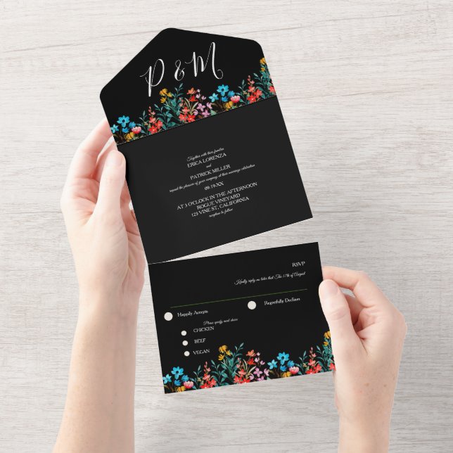 Black Minimalist Floral Elegant Script  All In One Invitation (Tearaway)