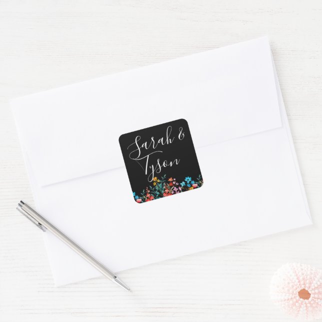 Black Minimalist Floral Wedding Reception with  Square Sticker (Envelope)