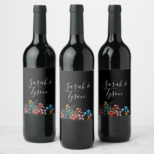 Black Minimalist Floral Wedding Reception with  Wine Label (Bottles)