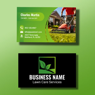 Black Minimalist Green Leaf Lawn Care Business Card