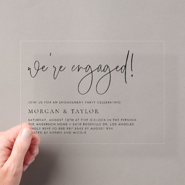 Black Minimalist Handwriting Engagement Party Acrylic Invitations (Insitu (Handheld))