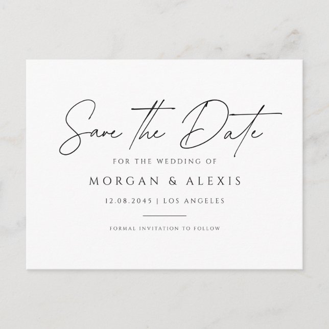 Black Minimalist Handwriting Script Save the Date Postcard (Front)