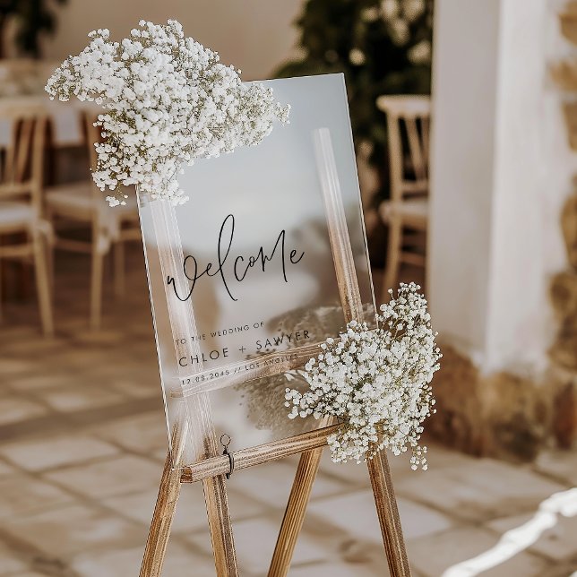 Black Minimalist Handwritten Script Wedding Acrylic Sign (Add a simple, sophisticated touch to your wedding day with this minimalist acrylic wedding sign.)