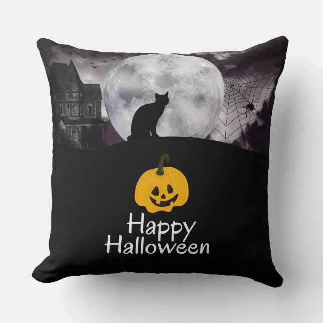 Black minimalist Happy Halloween Throw Pillow (Front)