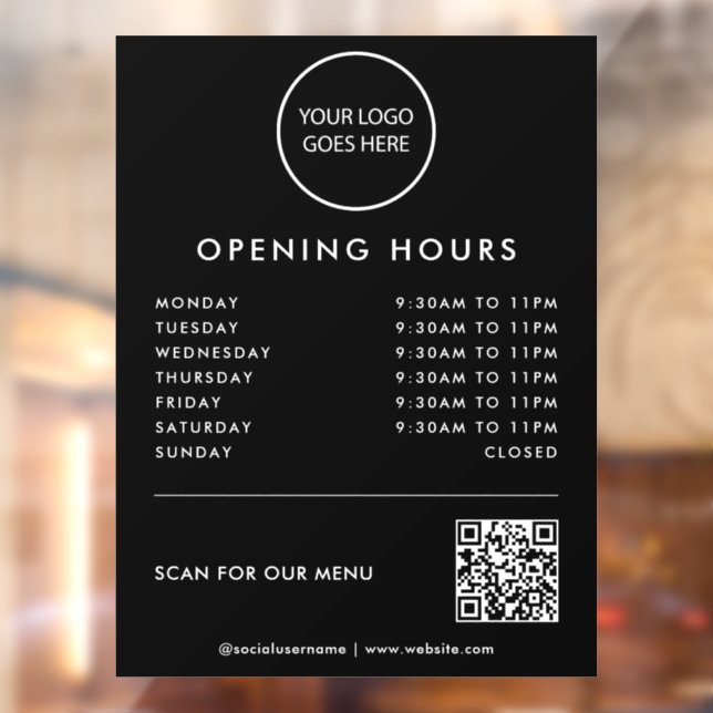 Black Minimalist Logo Opening Times QR Code Window Cling (Sheet 2)