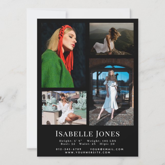 Black Minimalist Model Actor 4 Photo Comp Card (Front)